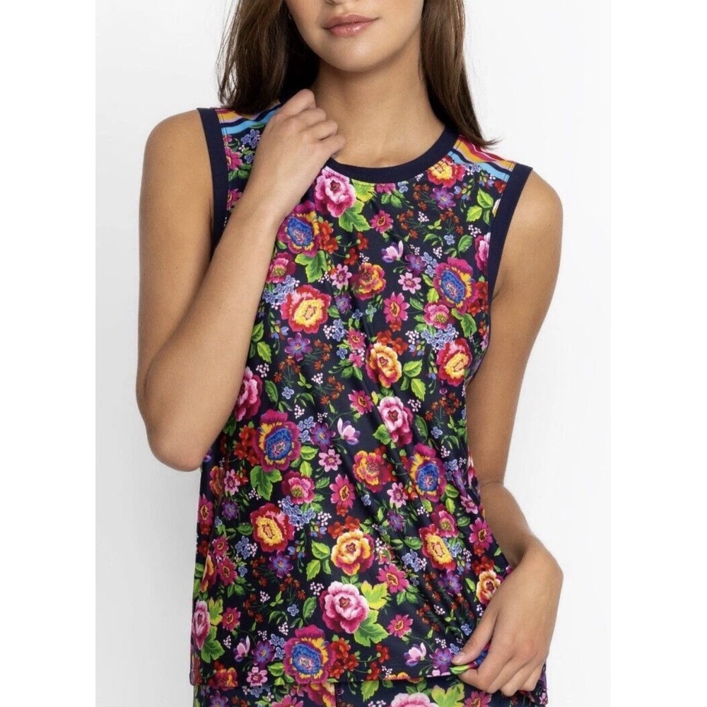 Johnny Was Active Cantero Floral Muscle Tank Top Navy Multicolor Size L